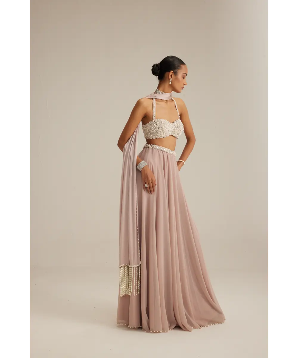 VVANI VATS- Ash Pink Georgette Skirt with Halter neck Blouse and stole